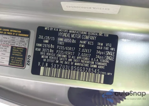 2016 Hyundai Santa Fe Sport 2.4L z USA, uszkodzony, nr VIN 5XYZU3LB5GG328545